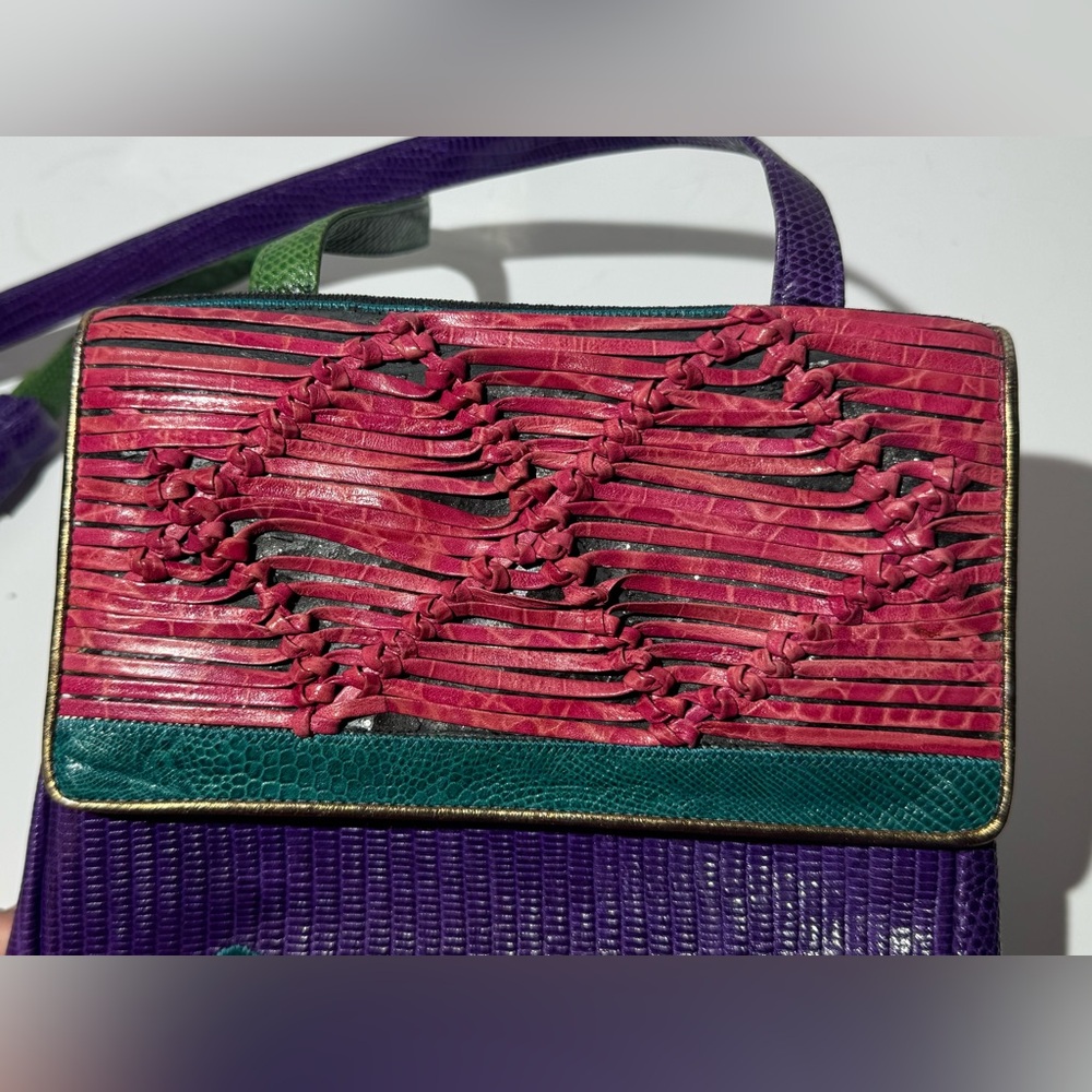 Sharif Crossbody‎ Multicolor Genuine Exotic Animal Skin Snap Bag Woven Vintage - Picture 6 of 10
